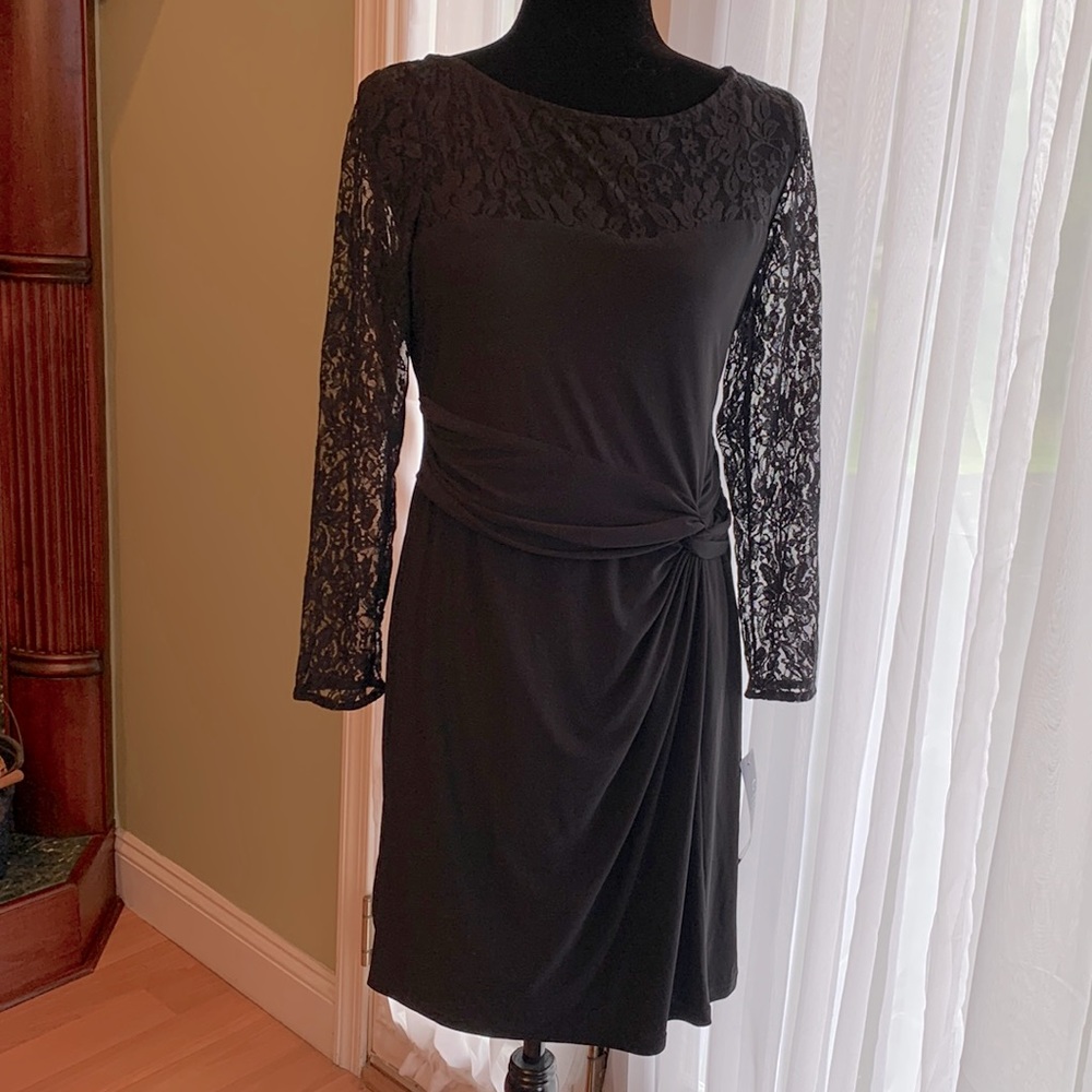 NWT Chaps Black Cocktail Dress with lace long sleeves & neckline.  Petite Large